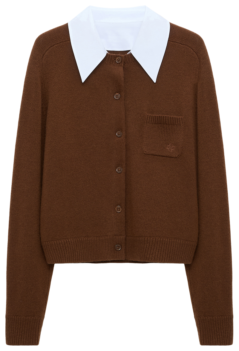 Brown cardigan with a white shirt collar on a white background