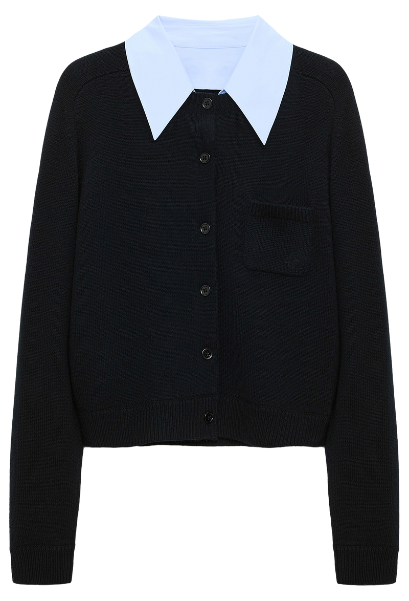 Black cardigan with a blue shirt collar on a white background