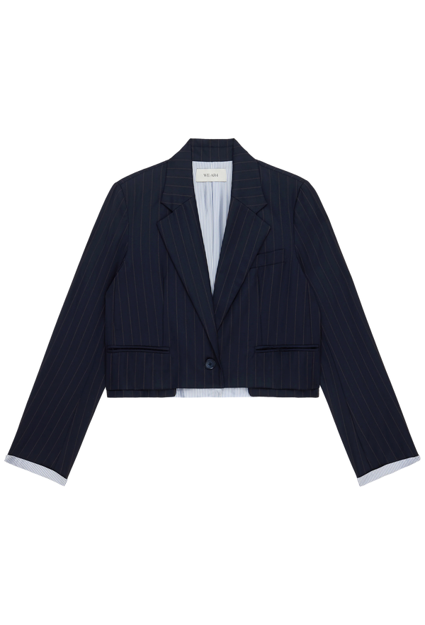 Navy pinstripe blazer on a white background