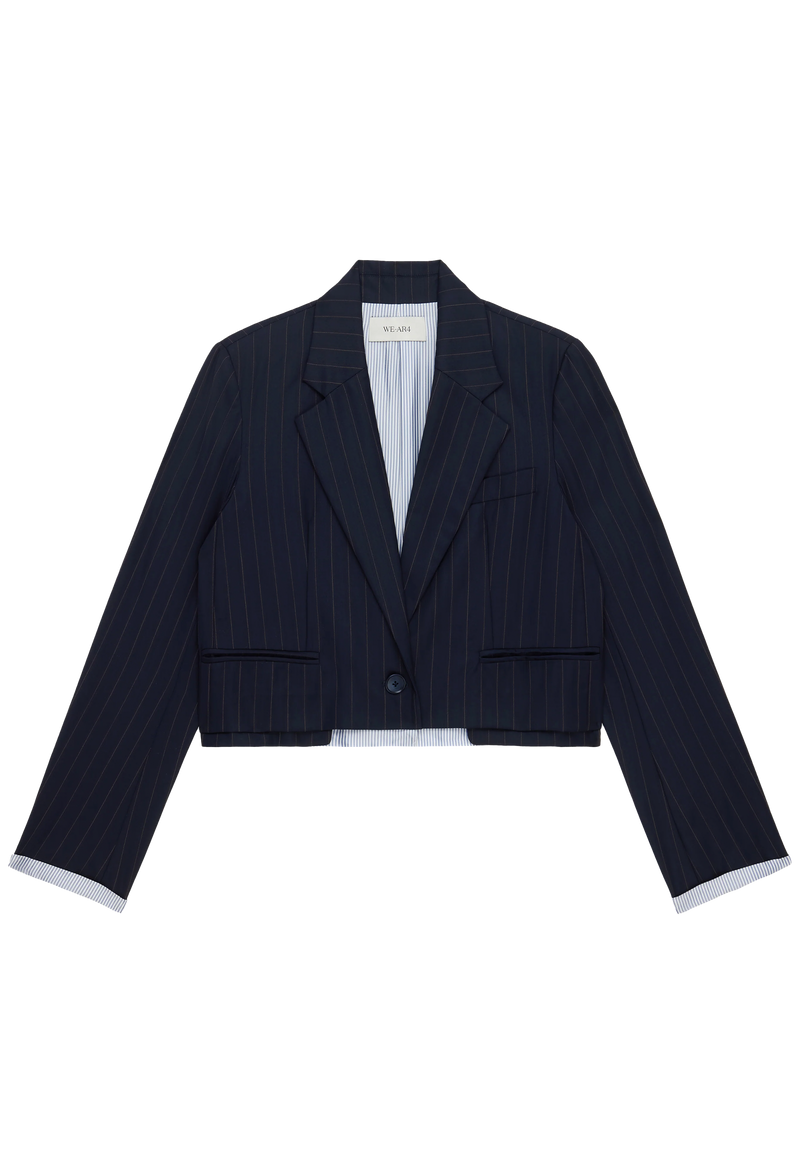 Navy pinstripe blazer on a white background