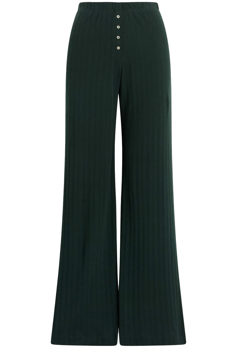 Dark green wide-leg pants with button details on a white background