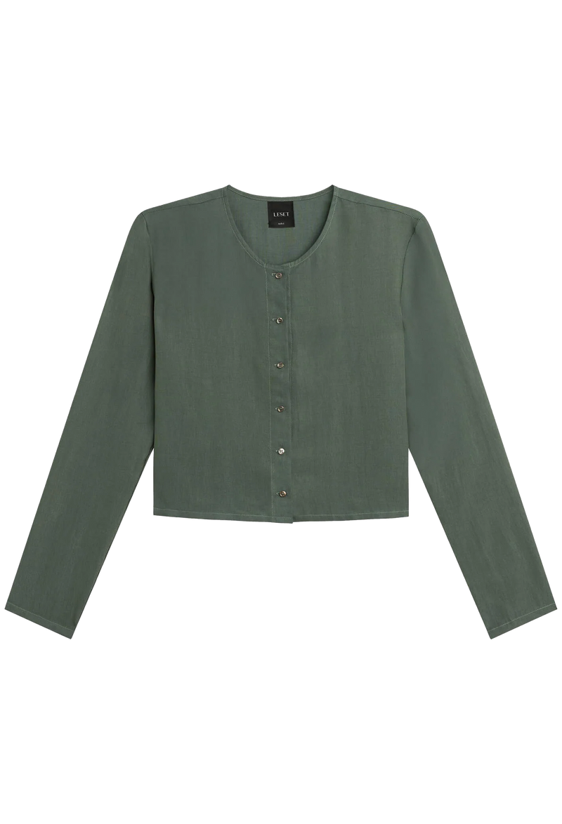 Green cardigan on a white background