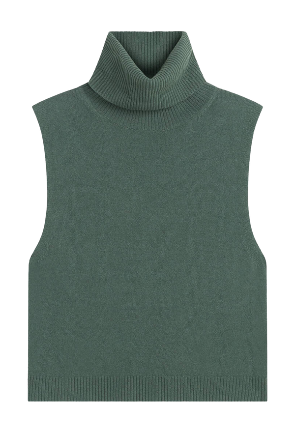 Green sleeveless turtleneck sweater on a white background