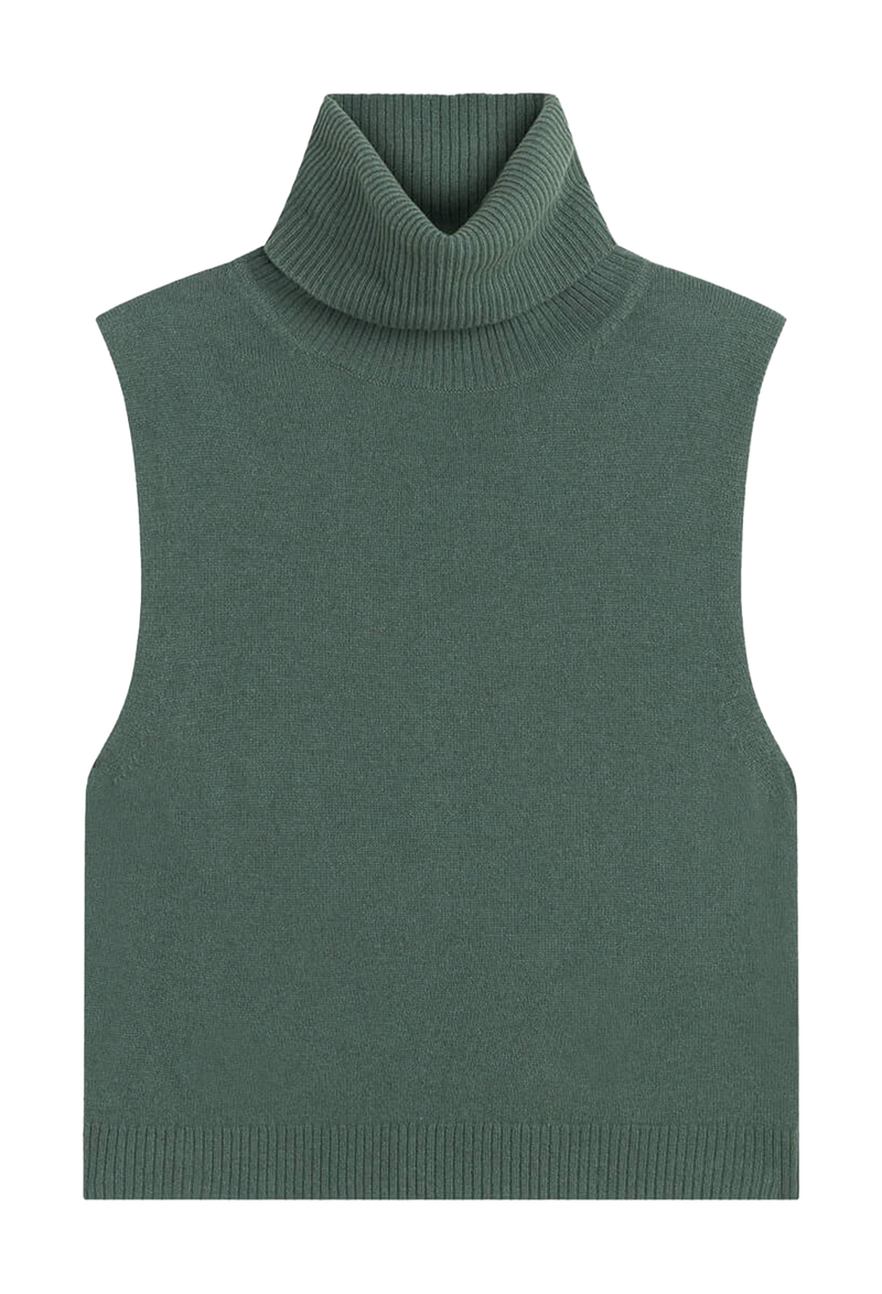 Green sleeveless turtleneck sweater on a white background