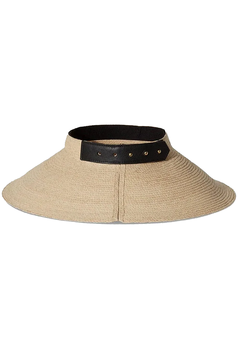 Beige sun visor hat with a black leather band on a white background