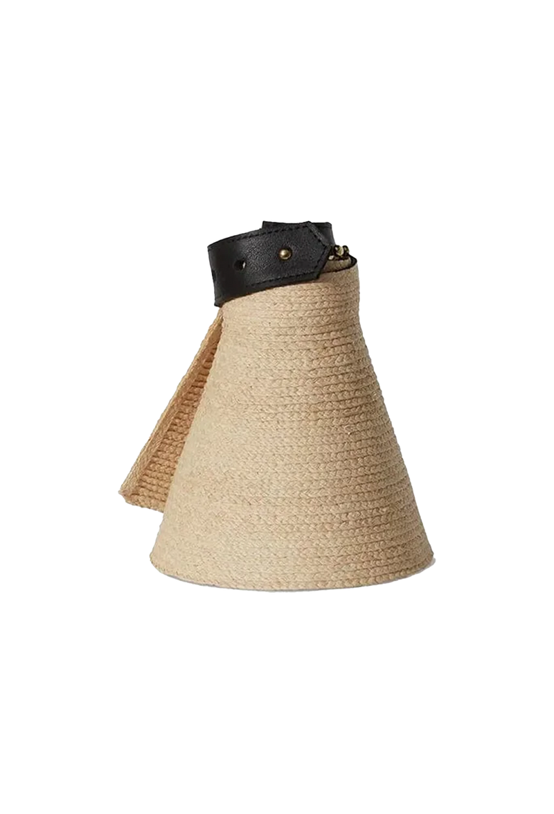 Beige straw rolled up hat with black leather strap on a white background