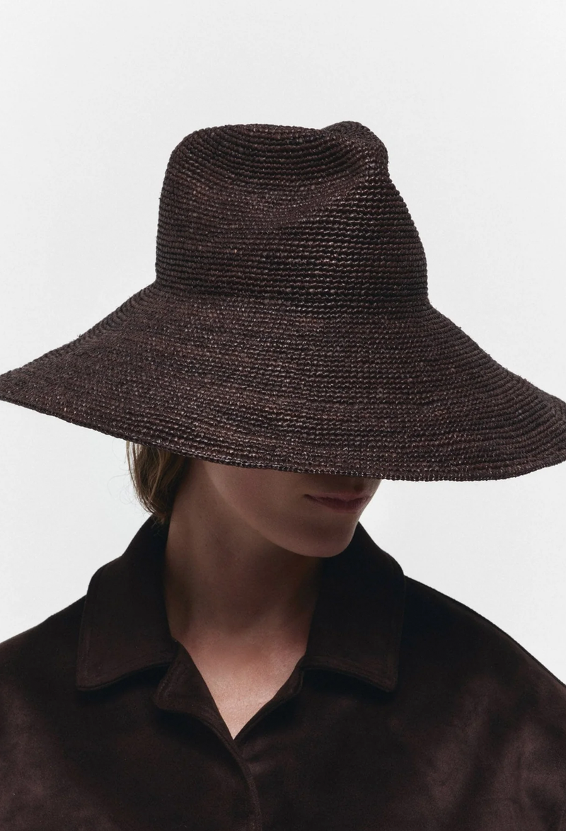 Person wearing a brown wide-brimmed hat and coat on a white background