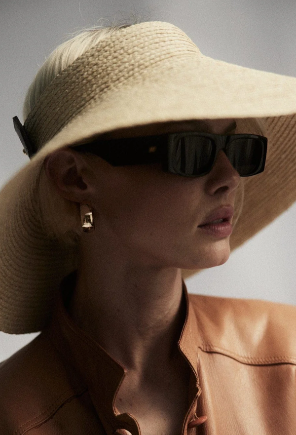 Person wearing a wide-brimmed hat and sunglasses with a neutral background