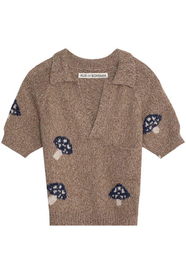 Brown knitted sweater with mushroom patterns on a white background