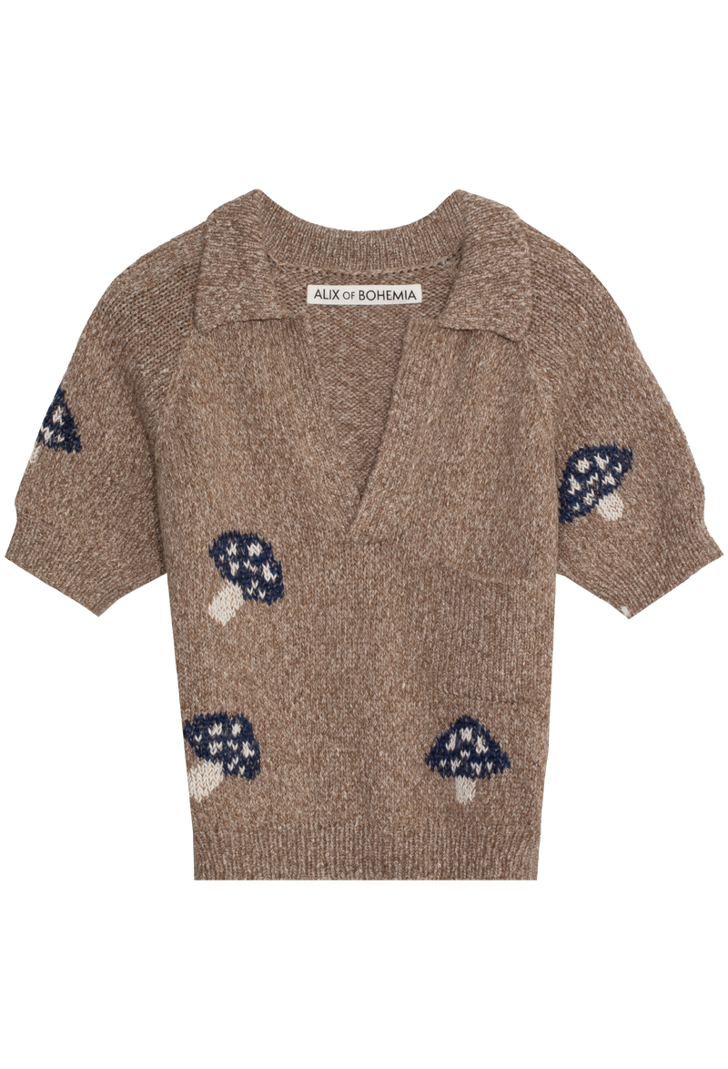 Brown knitted sweater with mushroom patterns on a white background