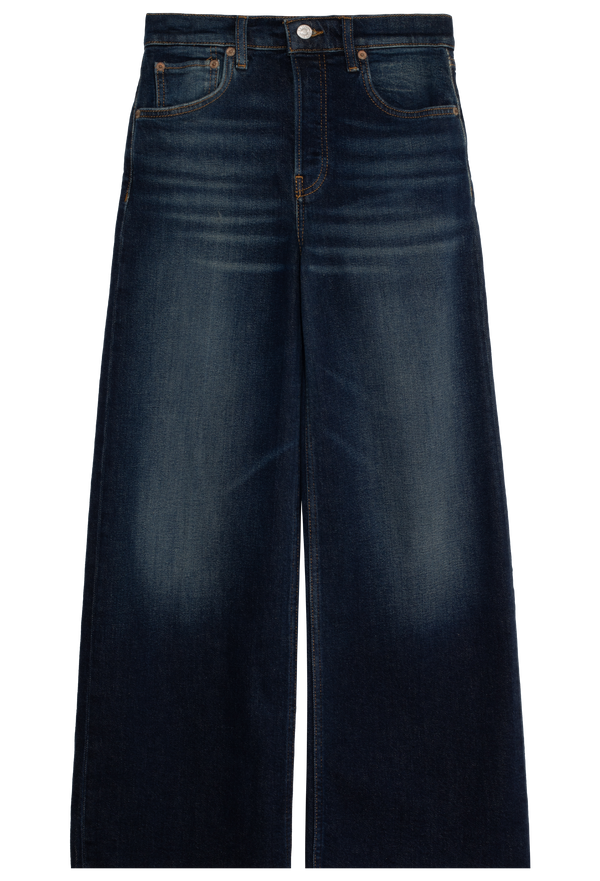 Dark blue wide-leg jeans on a white background