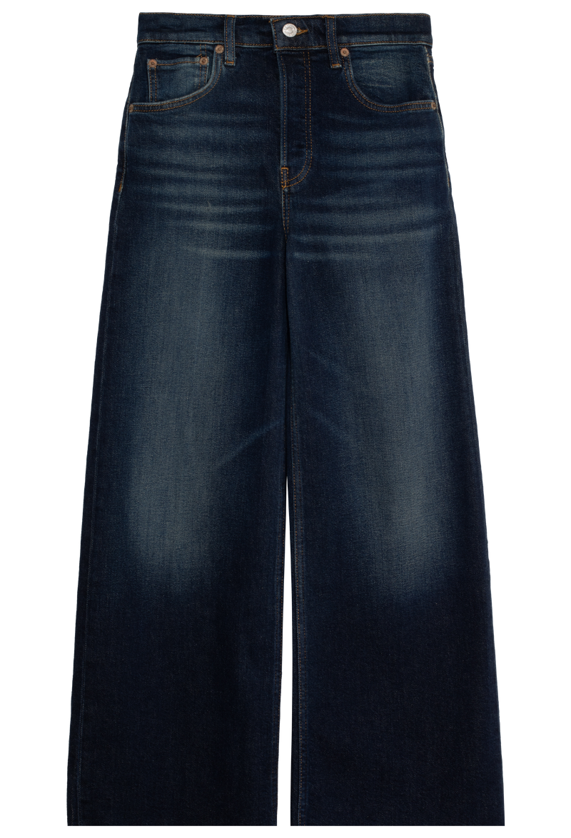 Dark blue wide-leg jeans on a white background