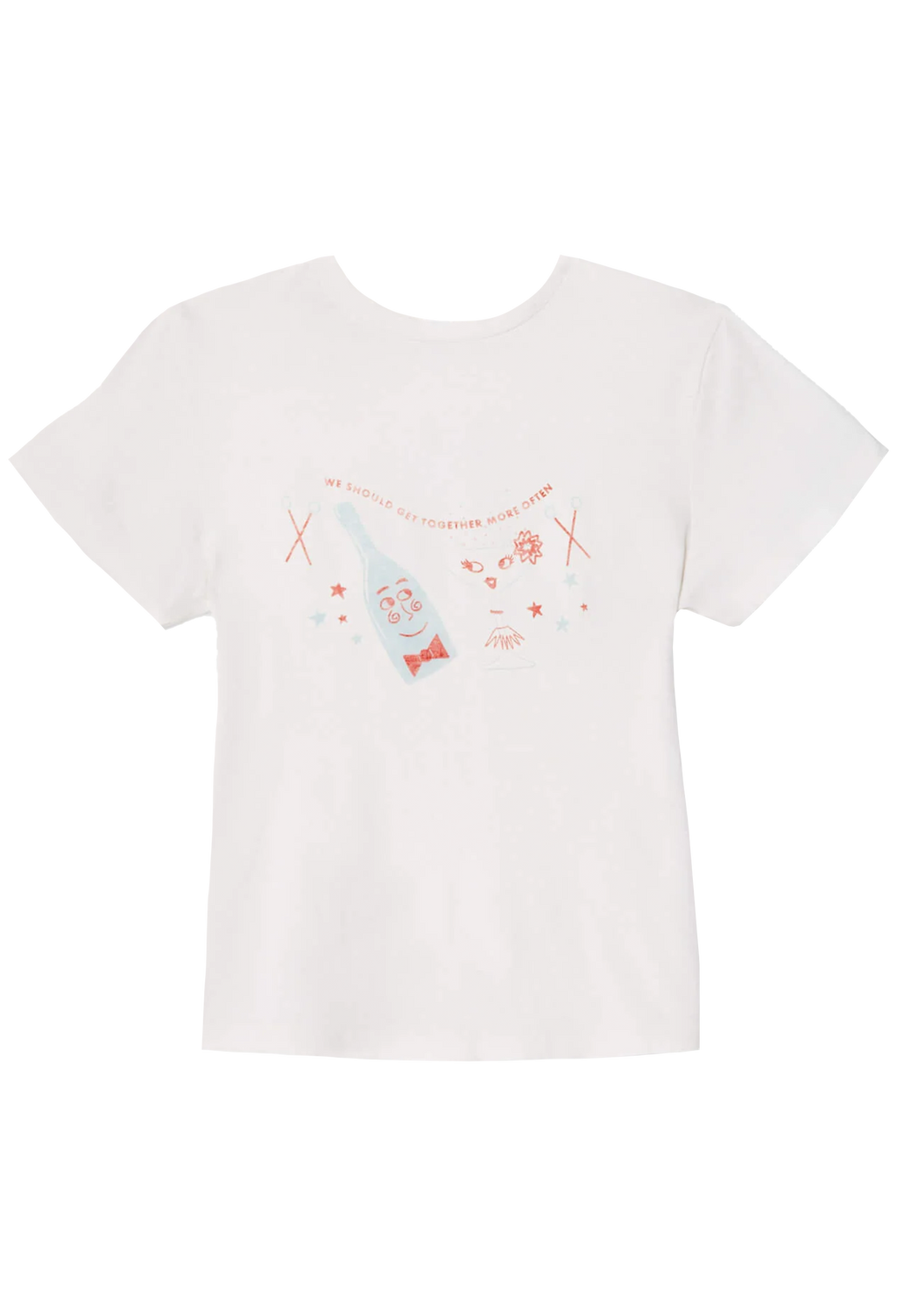 White t-shirt with a graphic design on a white background