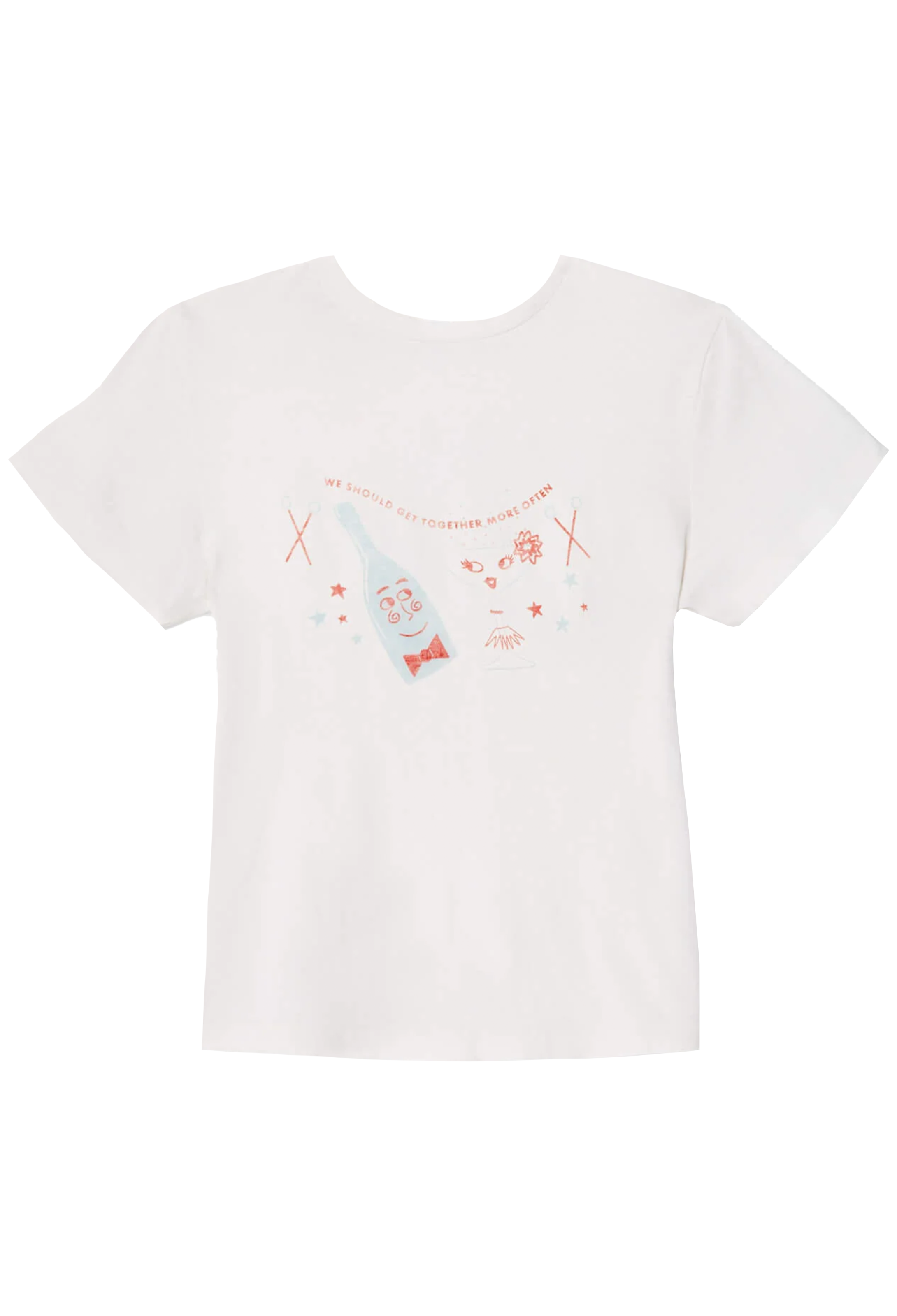 White t-shirt with a graphic design on a white background