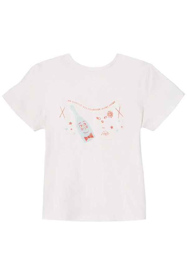 White t-shirt with a graphic design on a white background