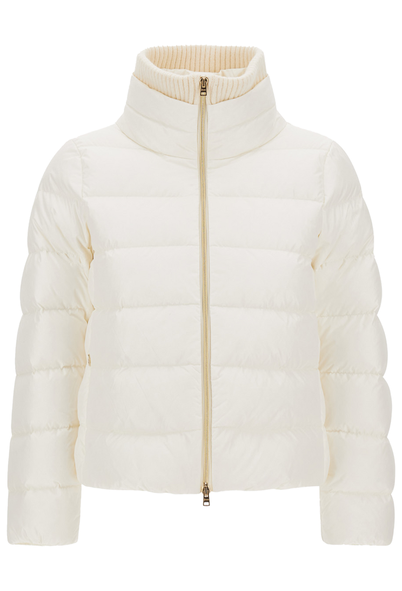 White puffer jacket with a gold zipper on a white background