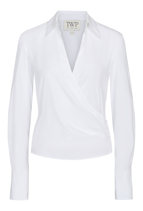 White wrap style collared shirt on a white background