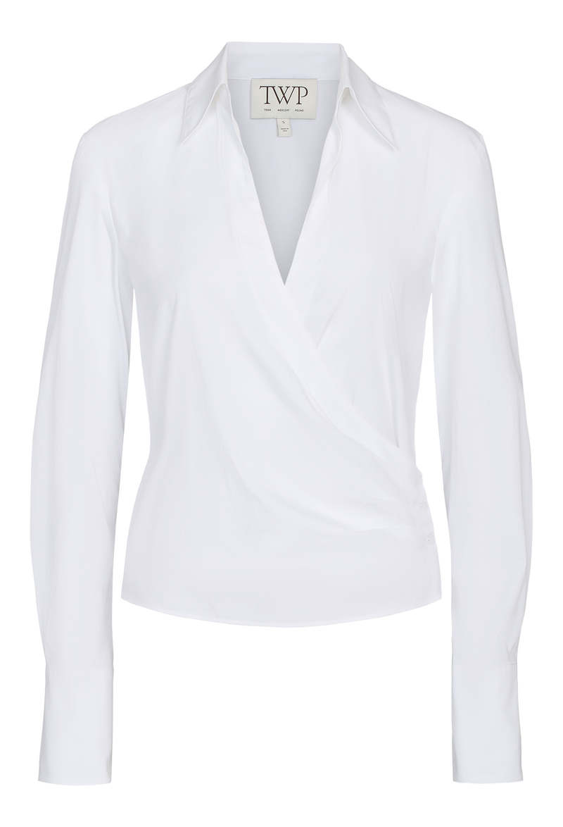 White wrap style collared shirt on a white background