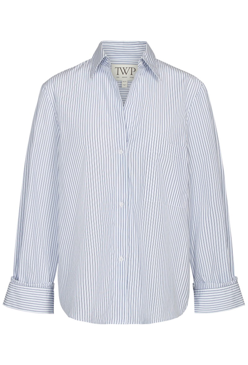 White shirt with blue stripes on a white background