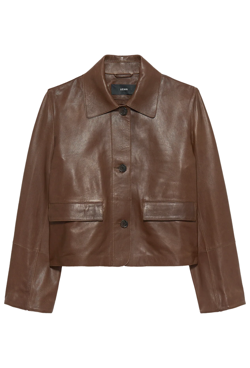Brown leather jacket on a white background