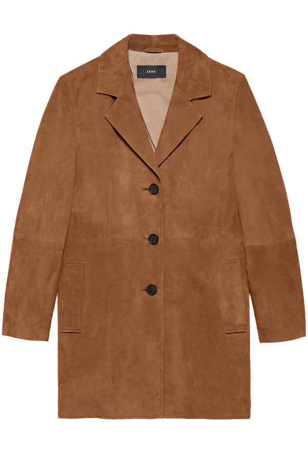 Brown suede coat with black buttons on a white background