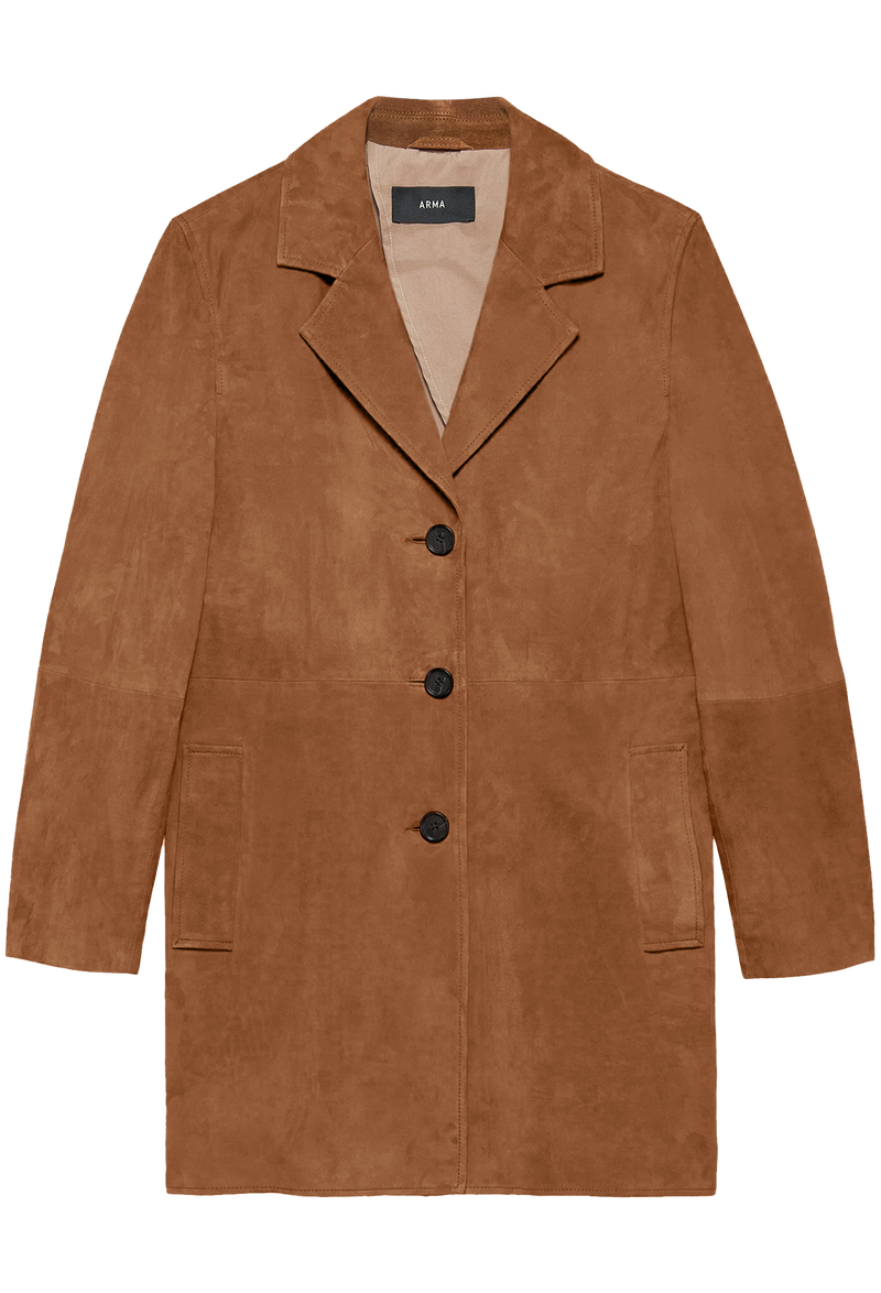 Brown suede coat with black buttons on a white background