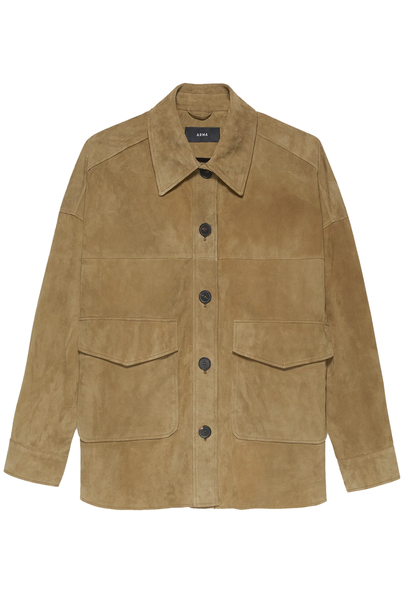 Brown suede jacket with button details on a white background