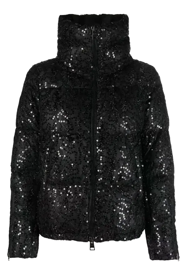 Black sequin puffer jacket on a white background