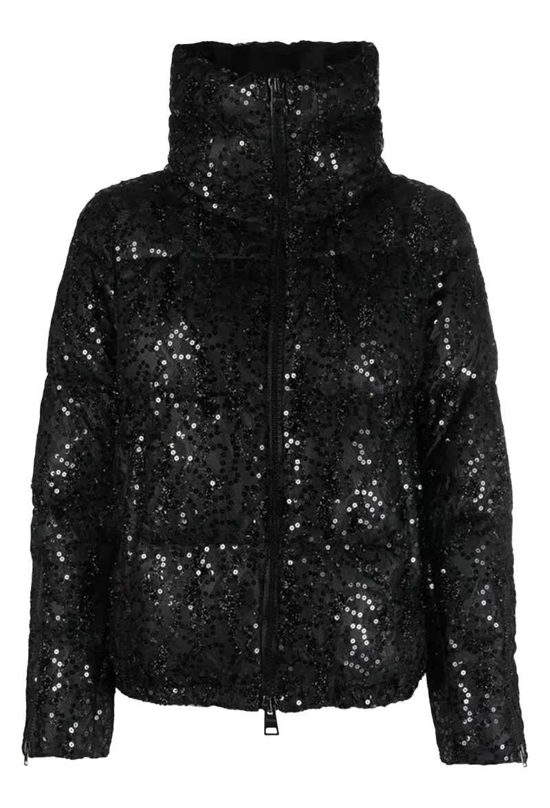 Black sequin puffer jacket on a white background