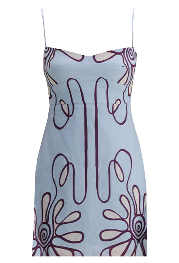 light blue strapless dress with abstract purple floral graphics on a white background
