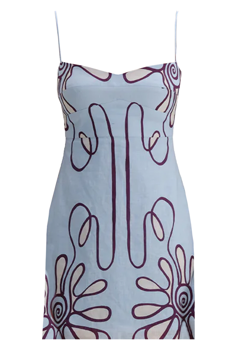 light blue strapless dress with abstract purple floral graphics on a white background