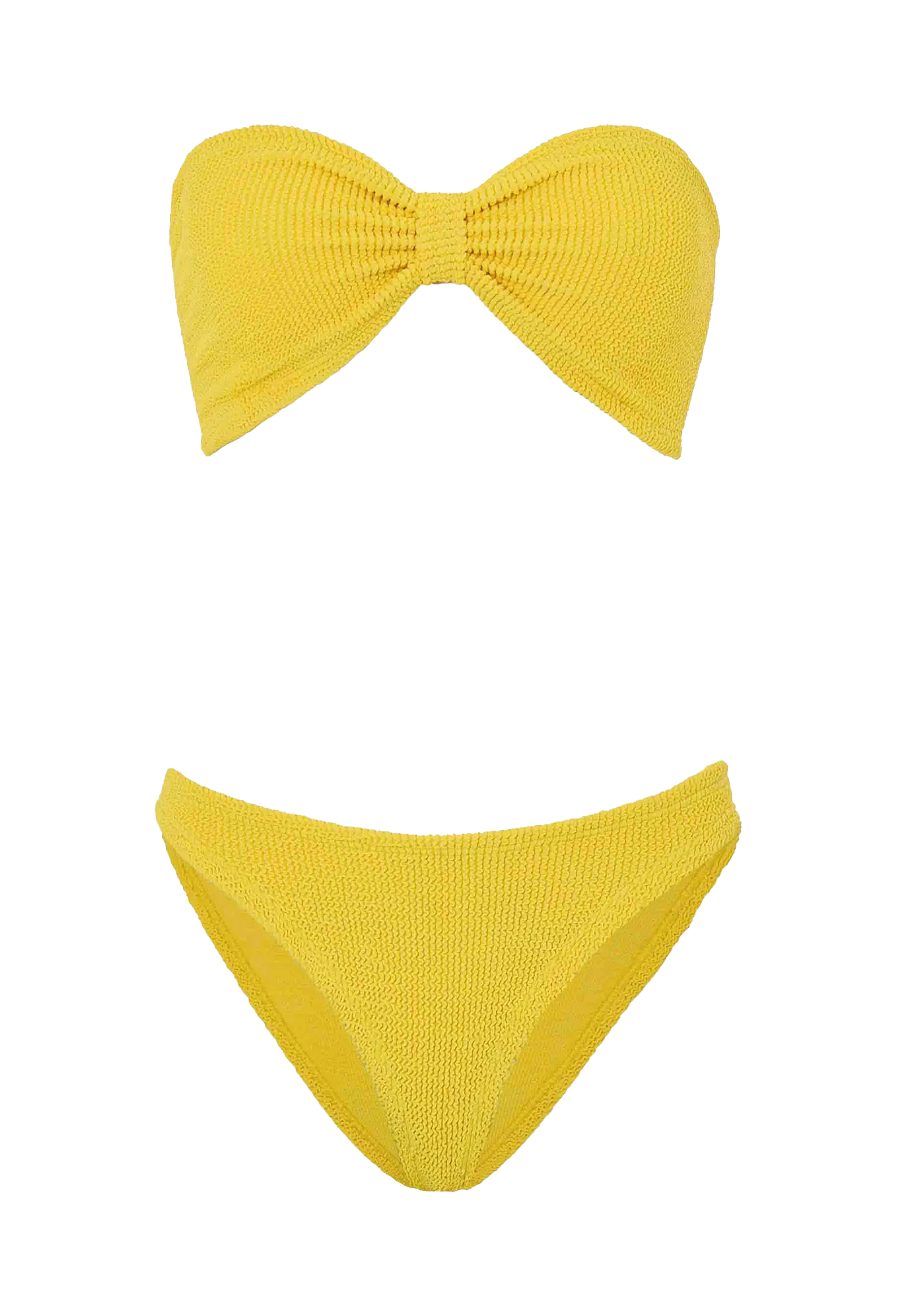 a woman wearing a yellow strapless bikini on a white background