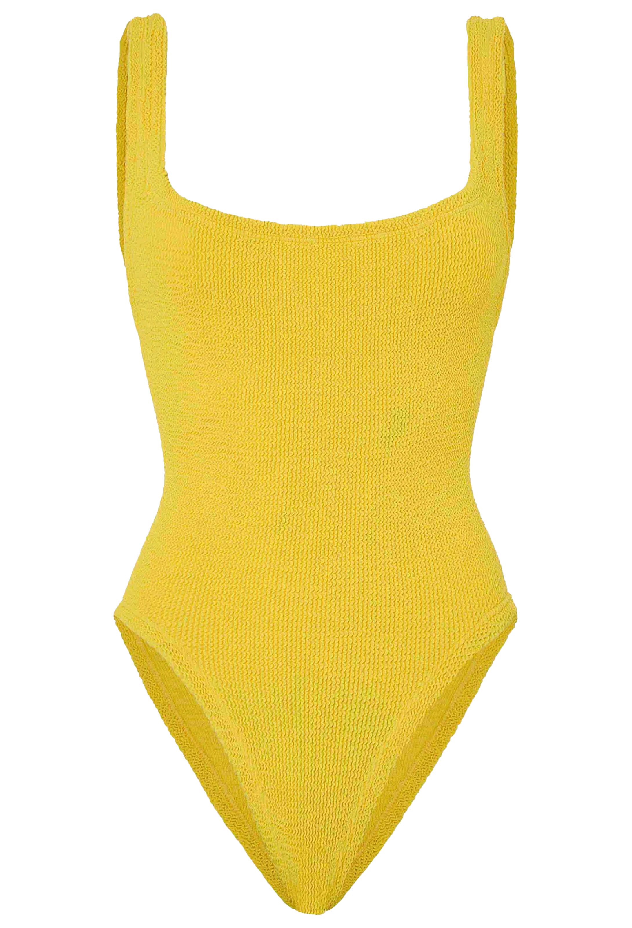 a woman wearing a yellow one piece swimsuit on a white background