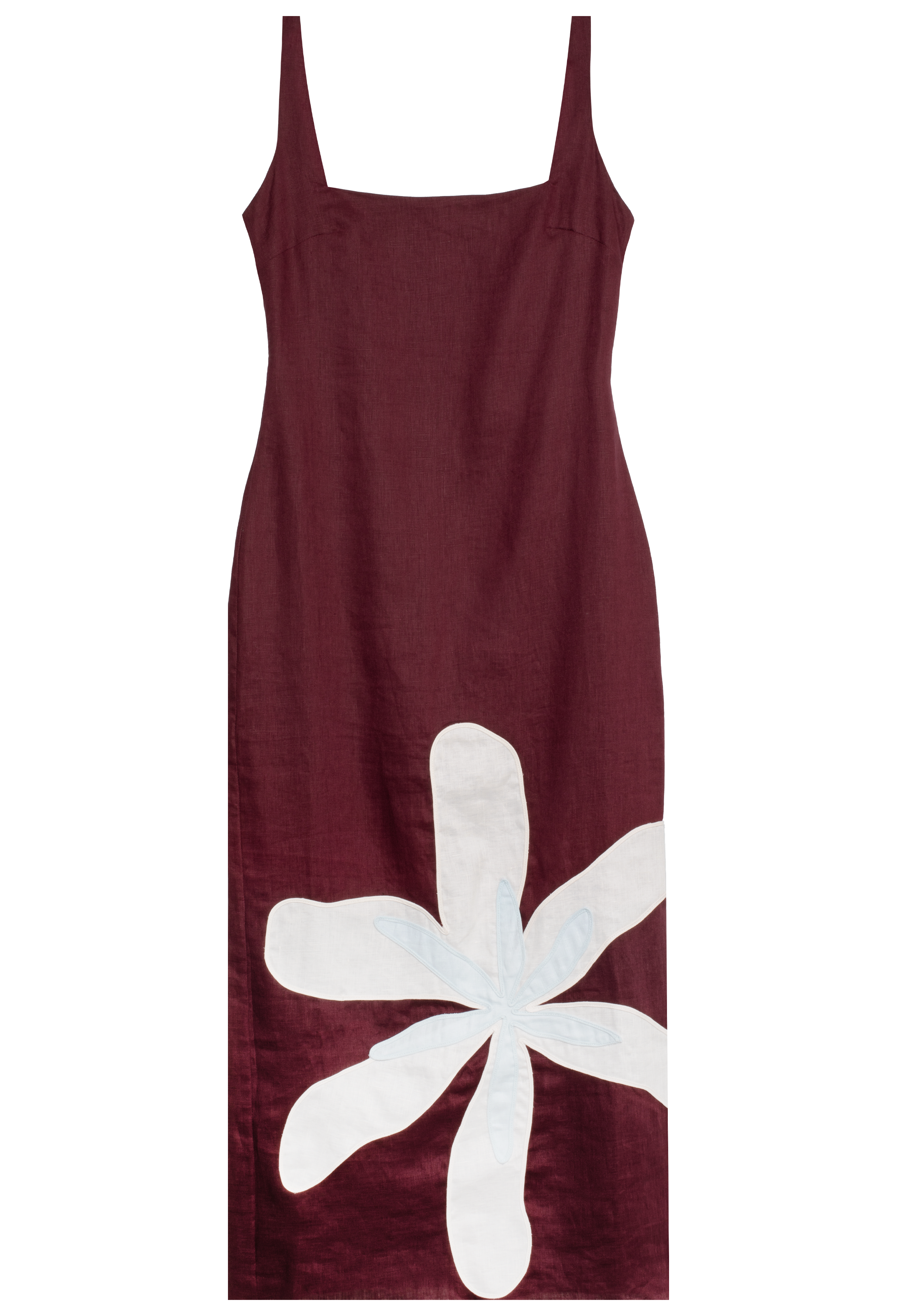 Maroon dress with a large white flower design on a white background