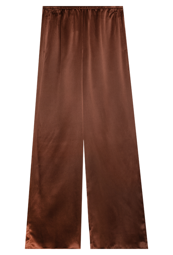 Brown satin pants on a white background