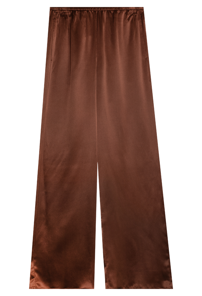 Brown satin pants on a white background
