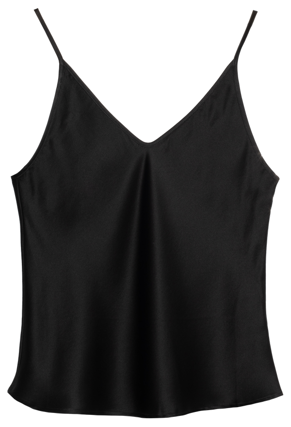 Black satin camisole top on a white background