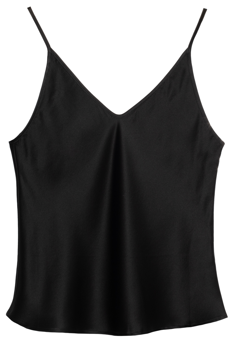 Black satin camisole top on a white background