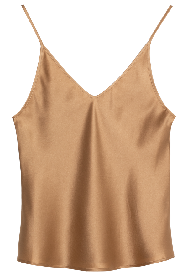 Brown satin camisole on a white background