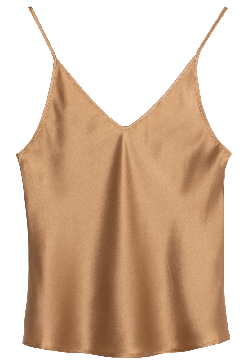 Brown satin camisole on a white background