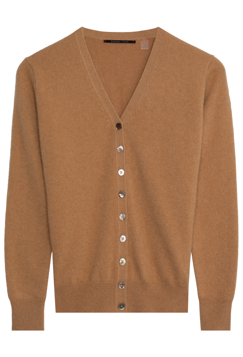 Brown cardigan with buttons on a white background