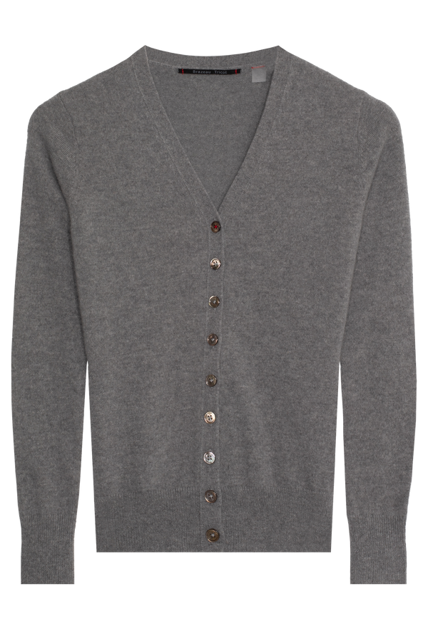 Gray cardigan with buttons on a white background