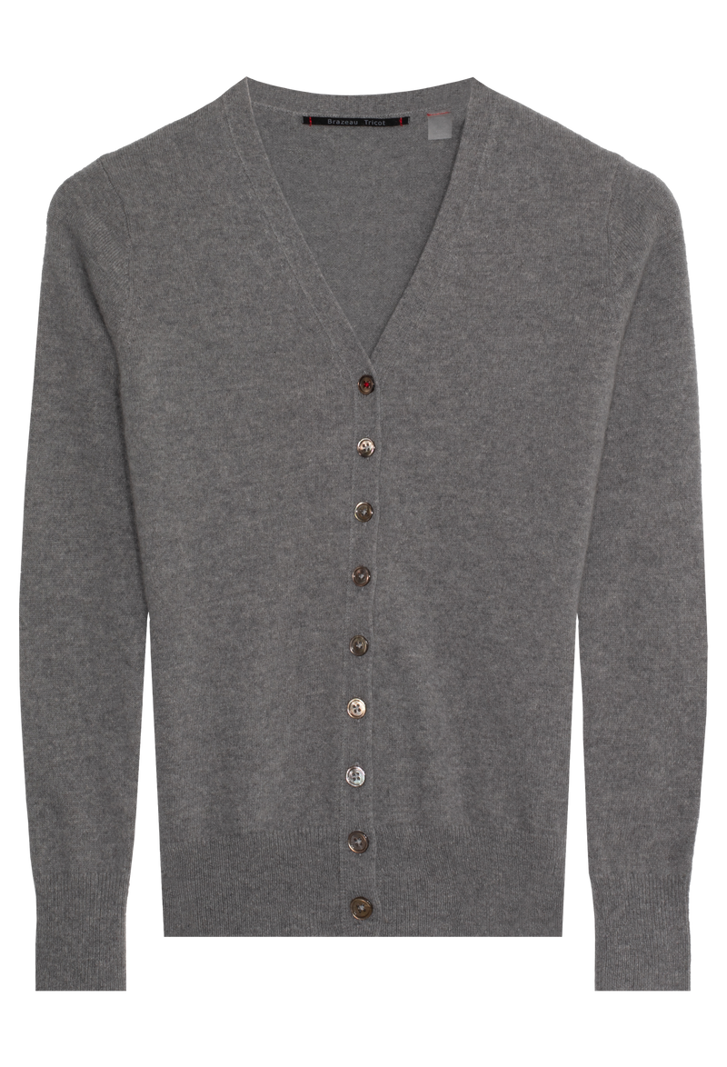 Gray cardigan with buttons on a white background
