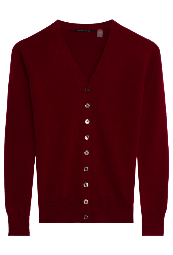 Maroon cardigan with buttons on a white background