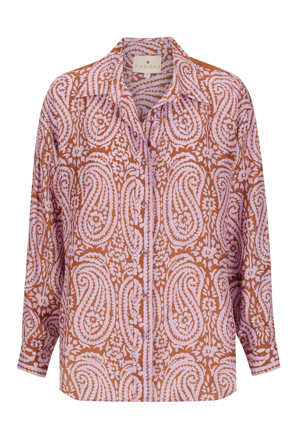 Long-sleeve shirt with a paisley pattern on a white background