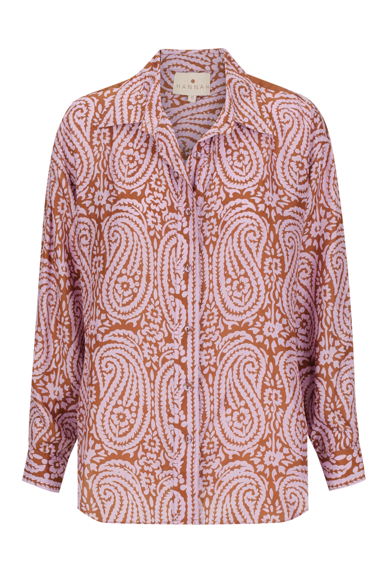 Long-sleeve shirt with a paisley pattern on a white background