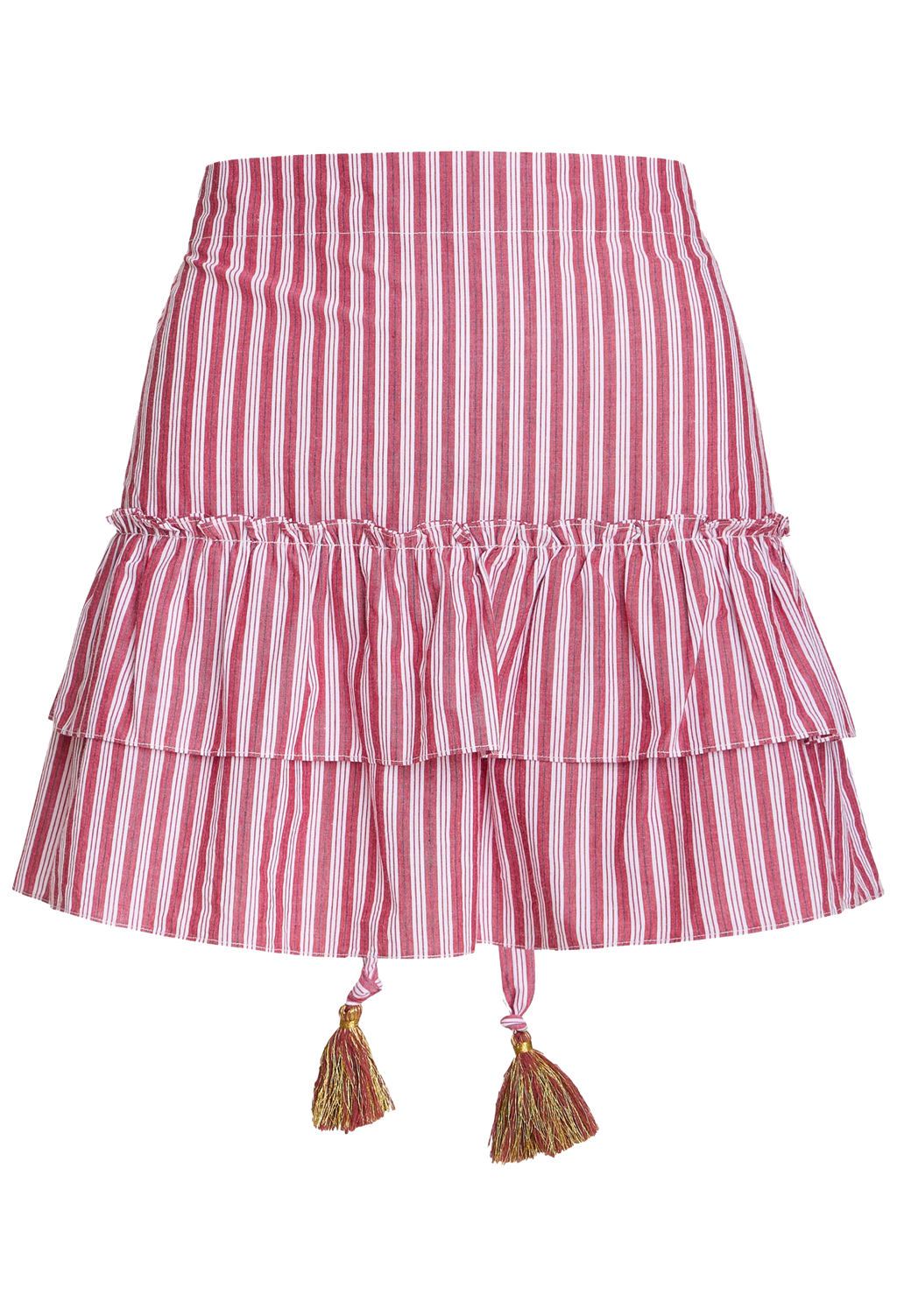 Pink and white striped skirt with tassels on a white background