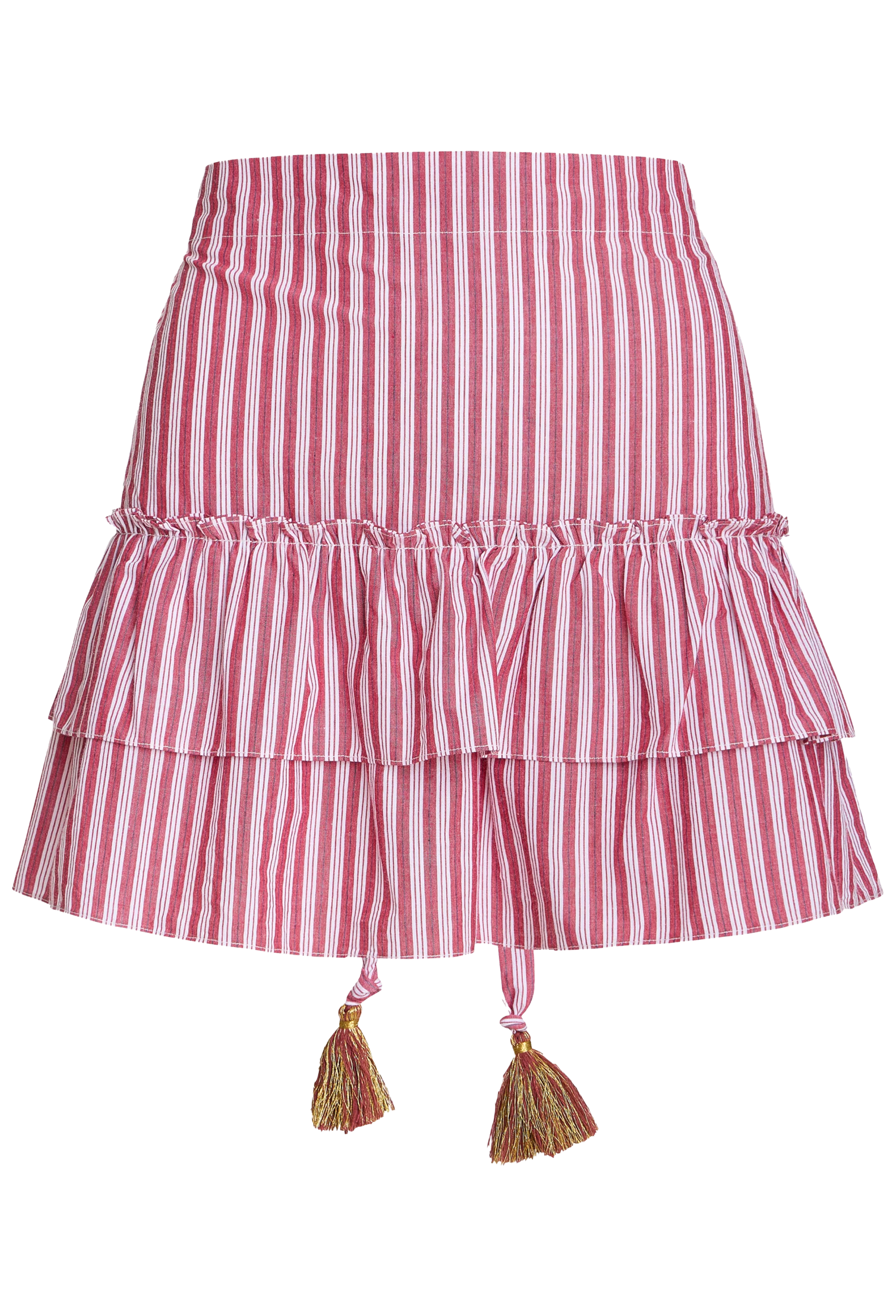 Pink and white striped skirt with tassels on a white background