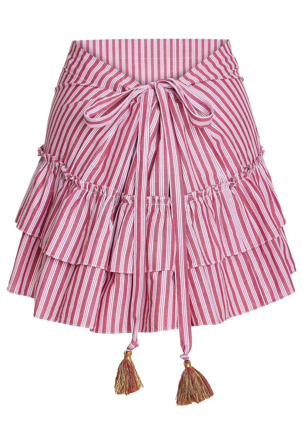 Pink and white striped skirt with ruffles and tassels on a white background