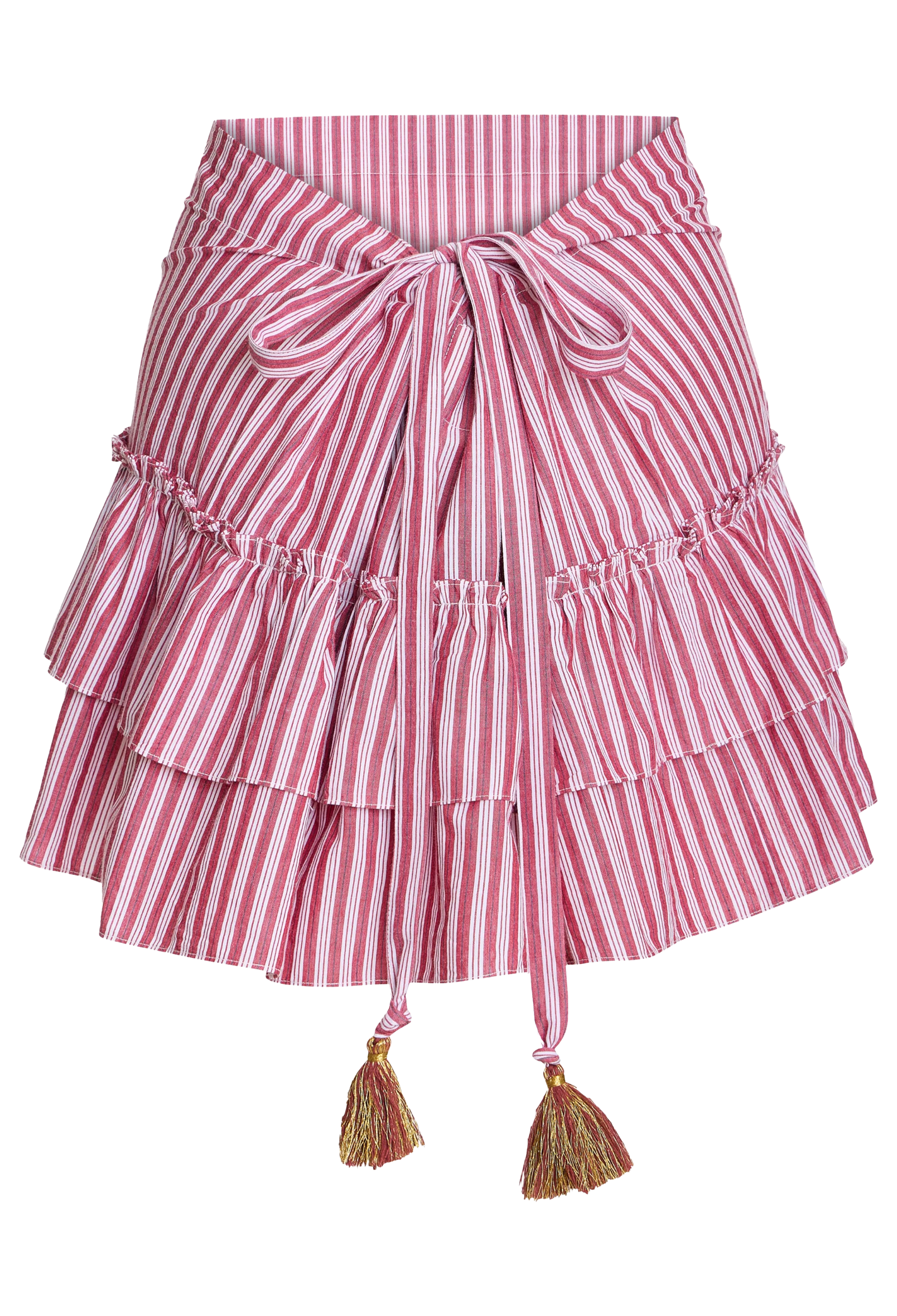 Pink and white striped skirt with ruffles and tassels on a white background